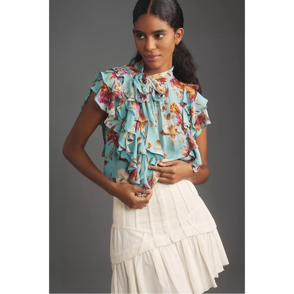 Anthropologie Tie-Neck Sheer Ruffled Blouse NWT SZ XL - Picture 1 of 10